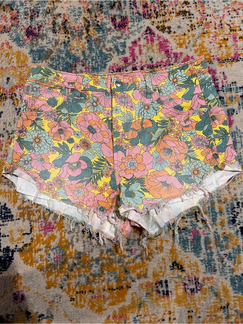 wild fable Floral Cutoff Jean Shorts - Pink, Yellow & Green